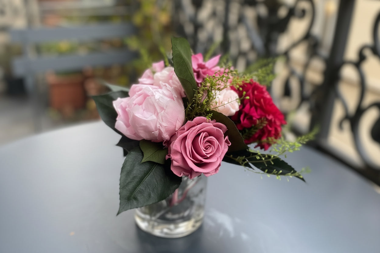 Bouquet éternel Fragonard: fleurs roses magentas avec touches d'ivoire en vase de cristal – Maison Jalby 1830